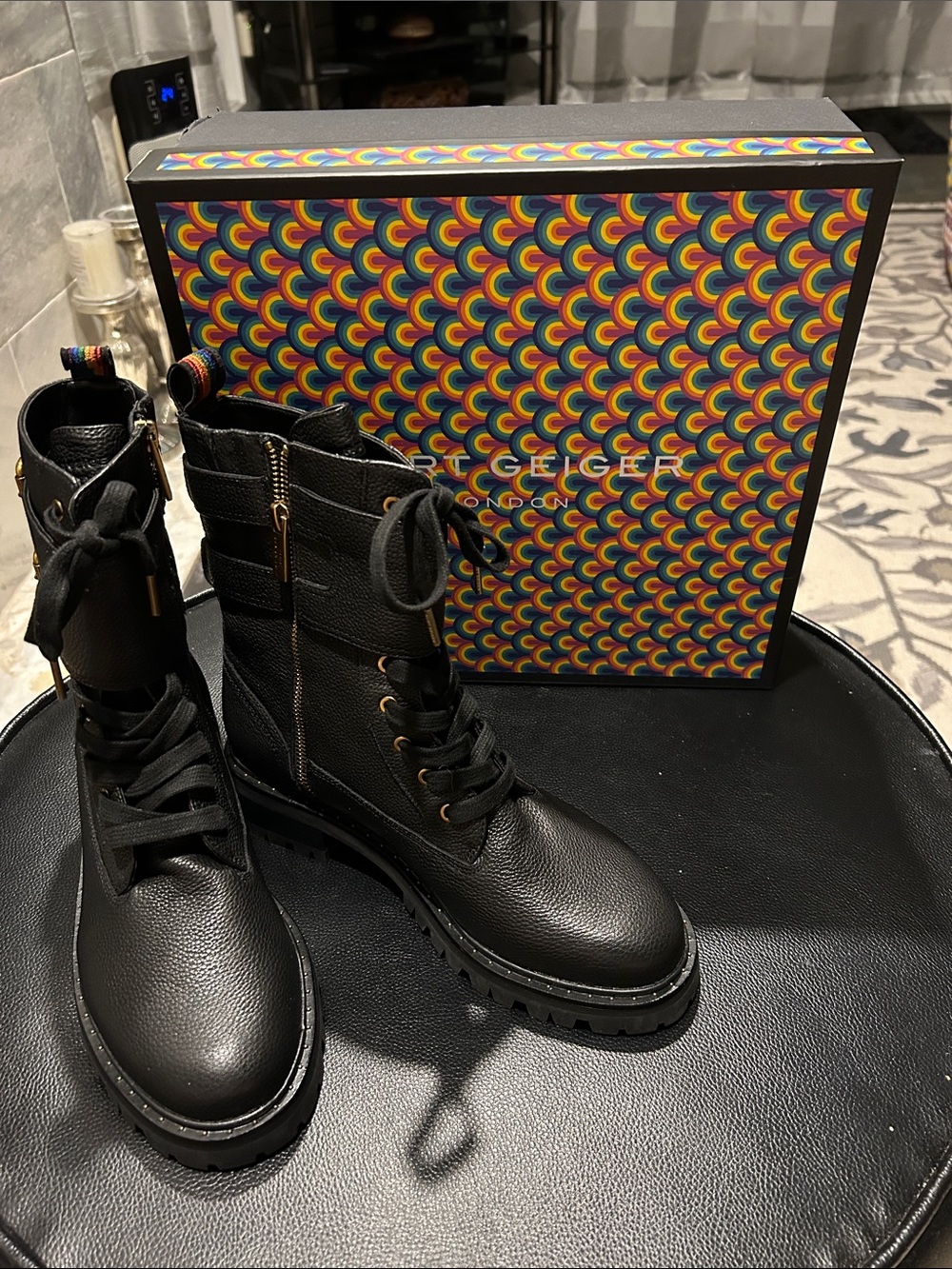 Kurt Geiger Black Leather Lace-Up Combat Boots with Side Zip